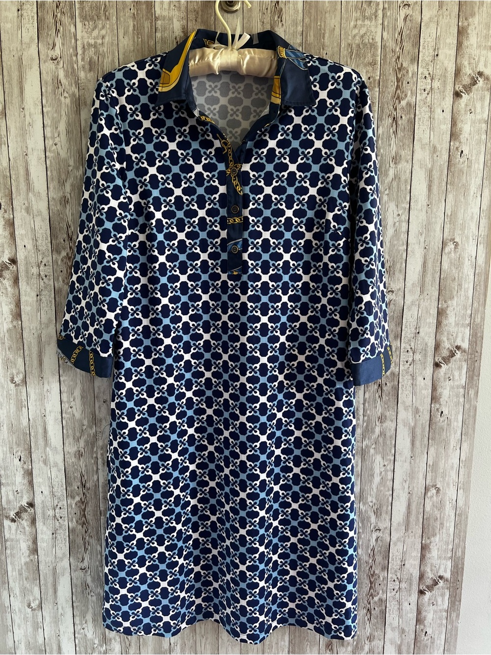 J. McLaughlin Navy and White Geometric Collared 3/4 Sleeve Shirt Dress Medium